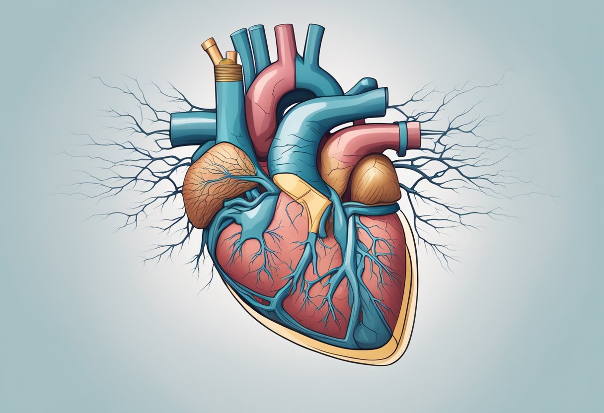 A heart with visible cracks, surrounded by a cloud of symptoms such as shortness of breath, fatigue, and swelling