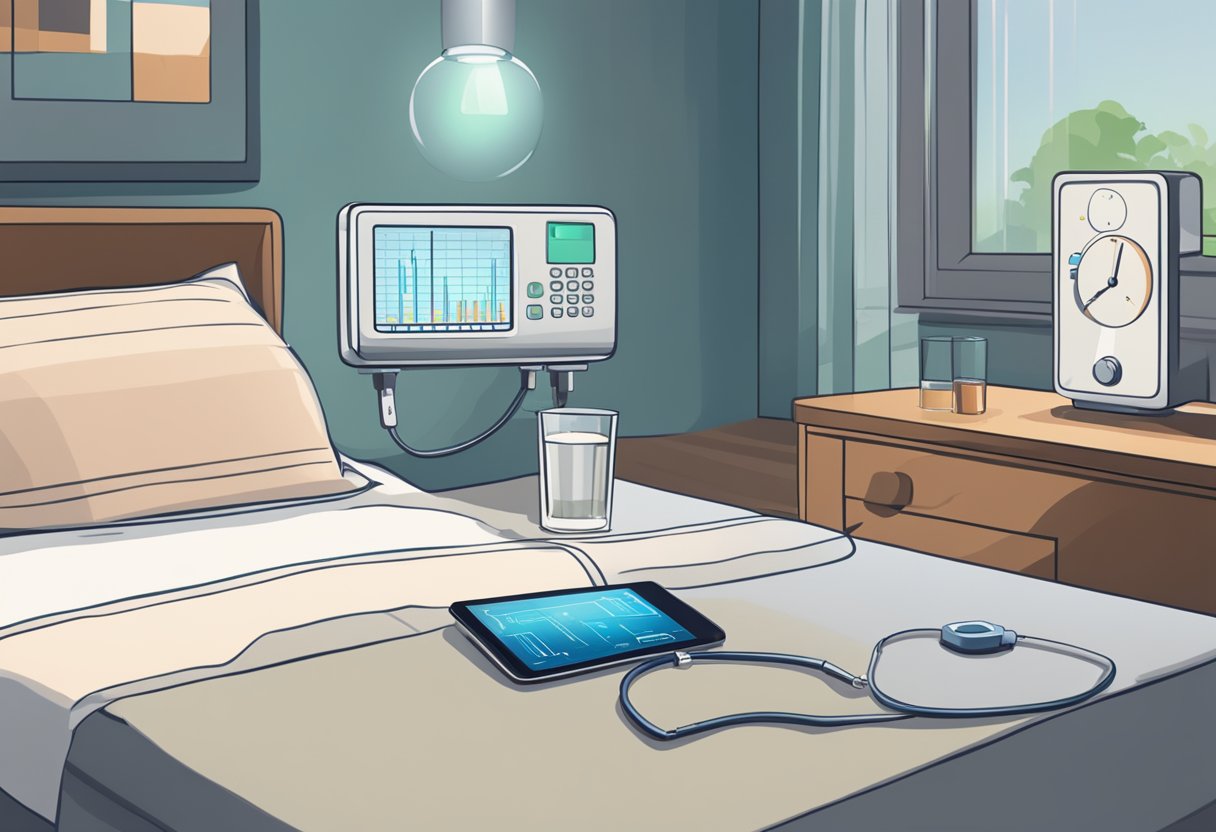 A heart monitor beeping steadily beside a bed, with a glass of water and medication on the bedside table