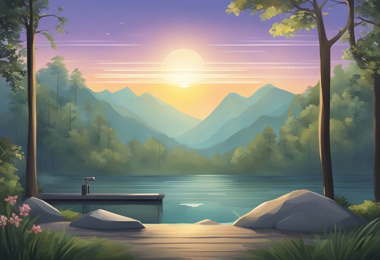 A calm, tranquil setting with a heart rate monitor displaying a low, steady number