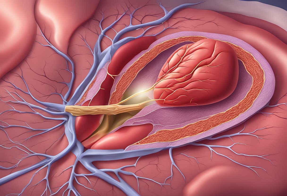A blocked coronary artery with surrounding damaged heart tissue