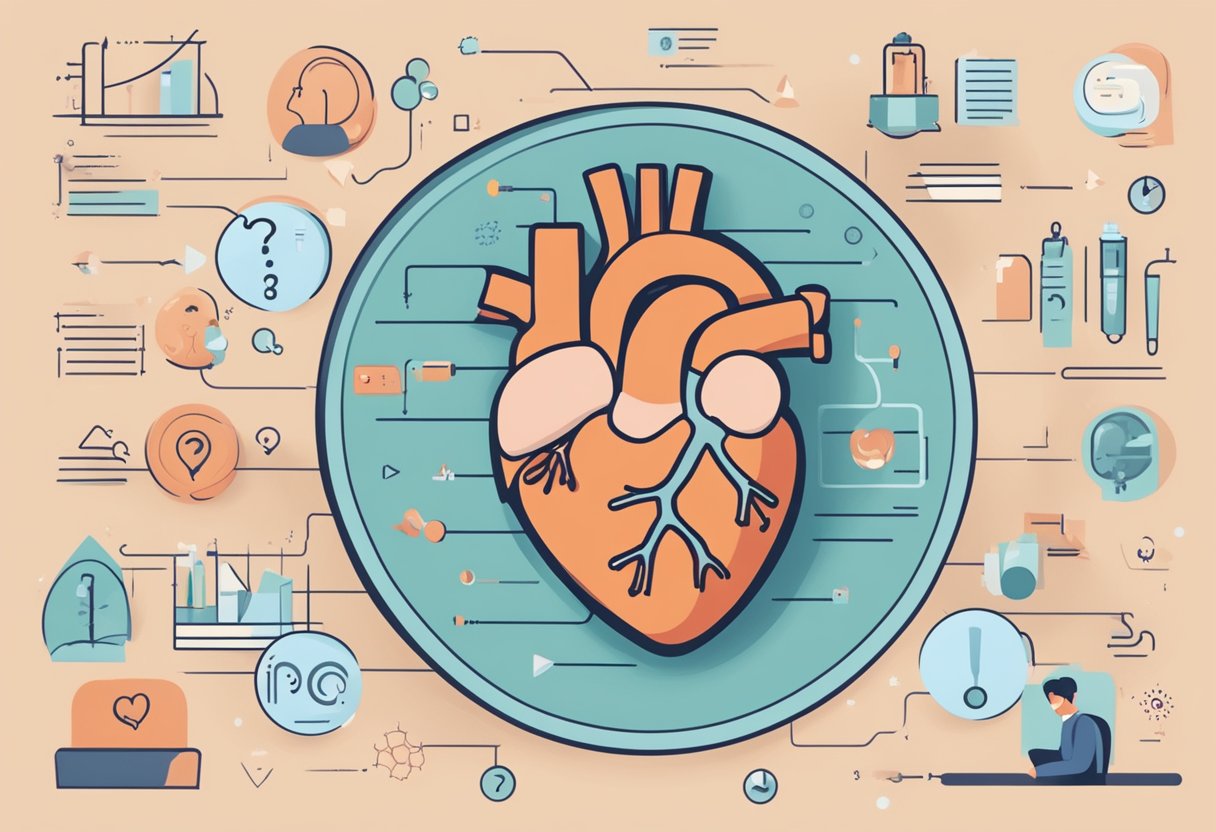 A heart with a question mark hovering above it, surrounded by symptoms such as shortness of breath, fatigue, and swollen ankles