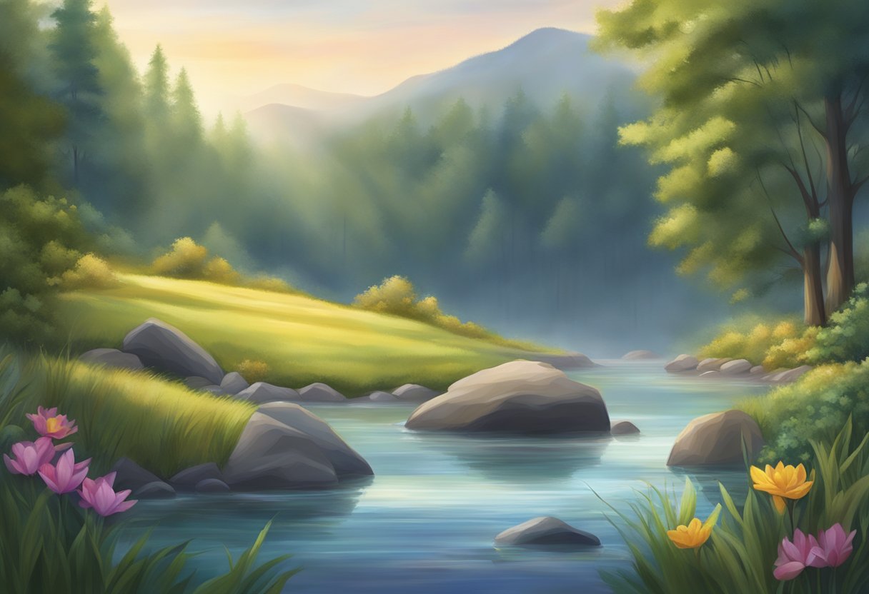 A calm, steady heartbeat pulses through a peaceful scene, surrounded by nature and tranquility