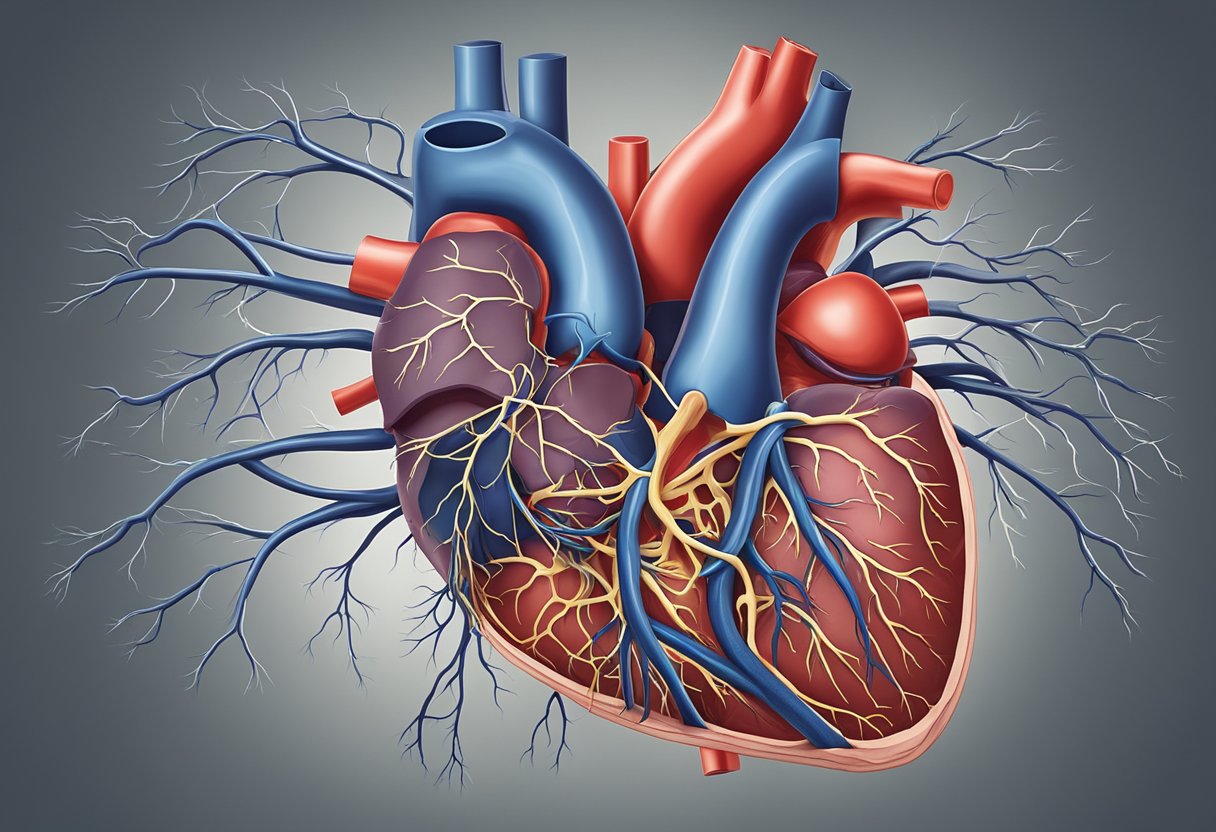 A heart surrounded by blocked arteries, causing reduced blood flow and potential damage