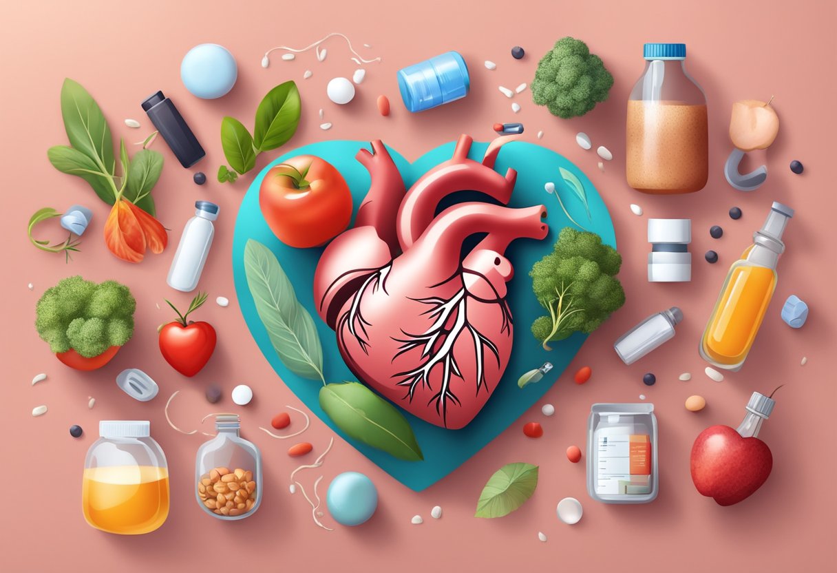 A heart surrounded by healthy lifestyle elements and medication to prevent and treat ischemic heart disease