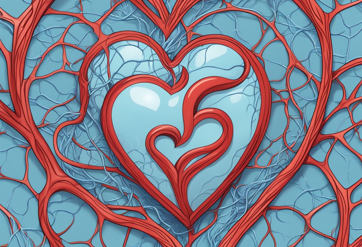 A baby blue heart surrounded by a tangle of red veins, symbolizing congenital heart disease