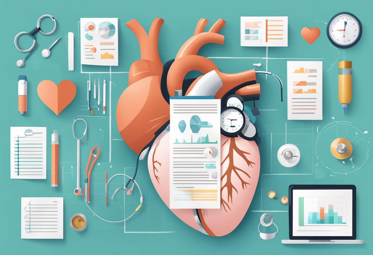 A heart with a question mark hovering above it, surrounded by medical charts and diagnostic tools