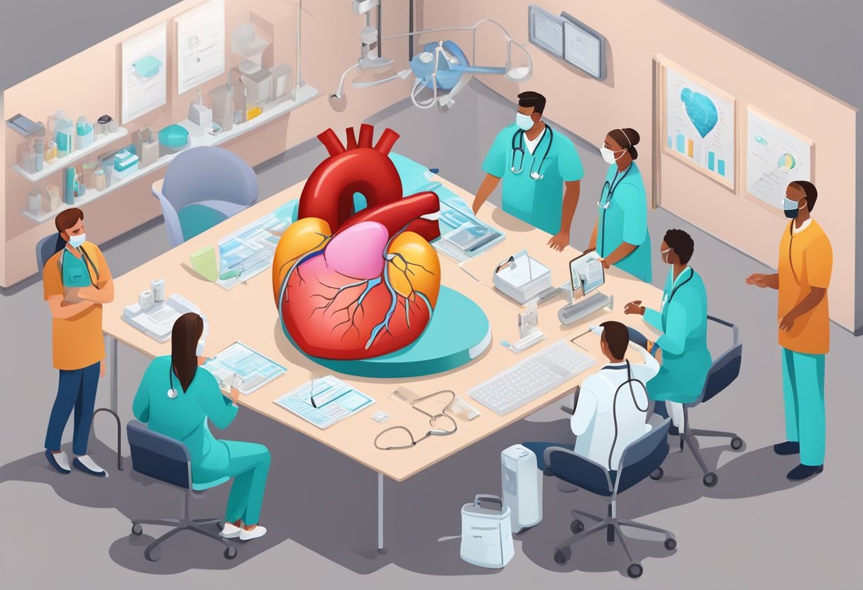 A heart-shaped diagram with labeled defects, surrounded by medical equipment and a doctor explaining to a family