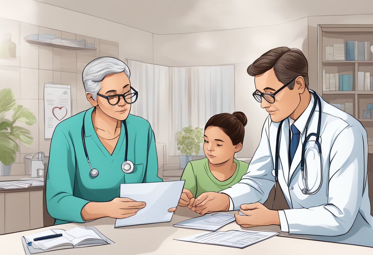 A doctor carefully examines a diagram of a heart defect, discussing treatment options with a concerned family