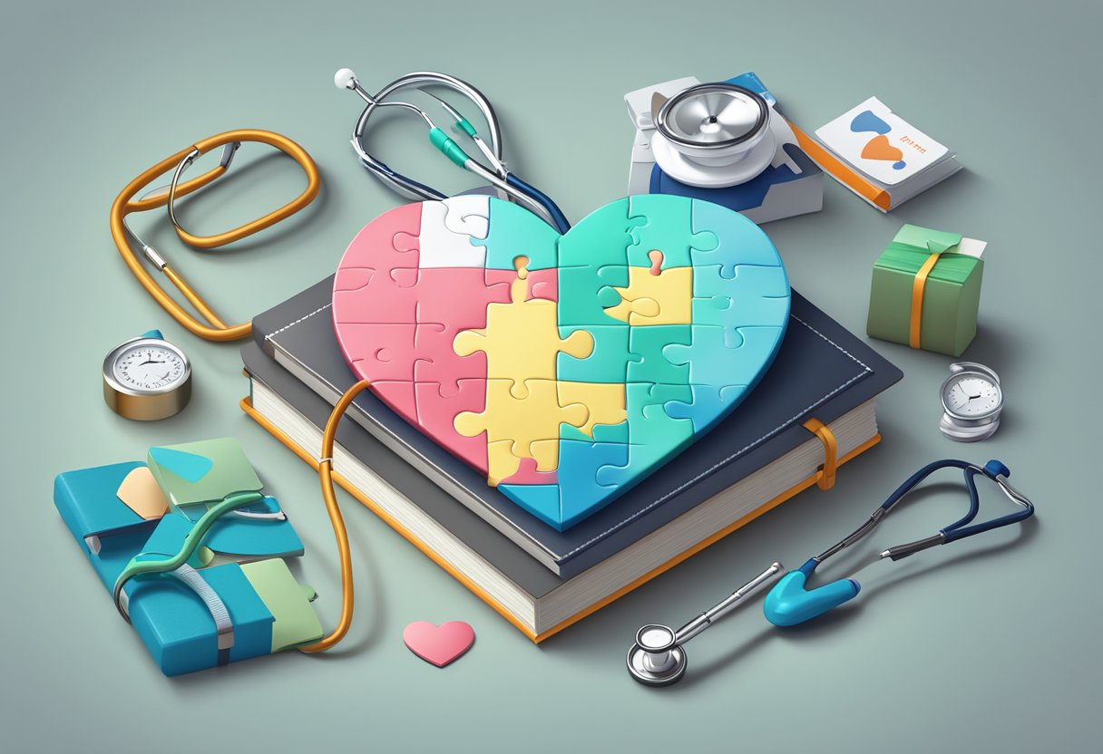 A heart-shaped puzzle with "Frequently Asked Questions congenital heart disease" written on it, surrounded by medical books and a stethoscope