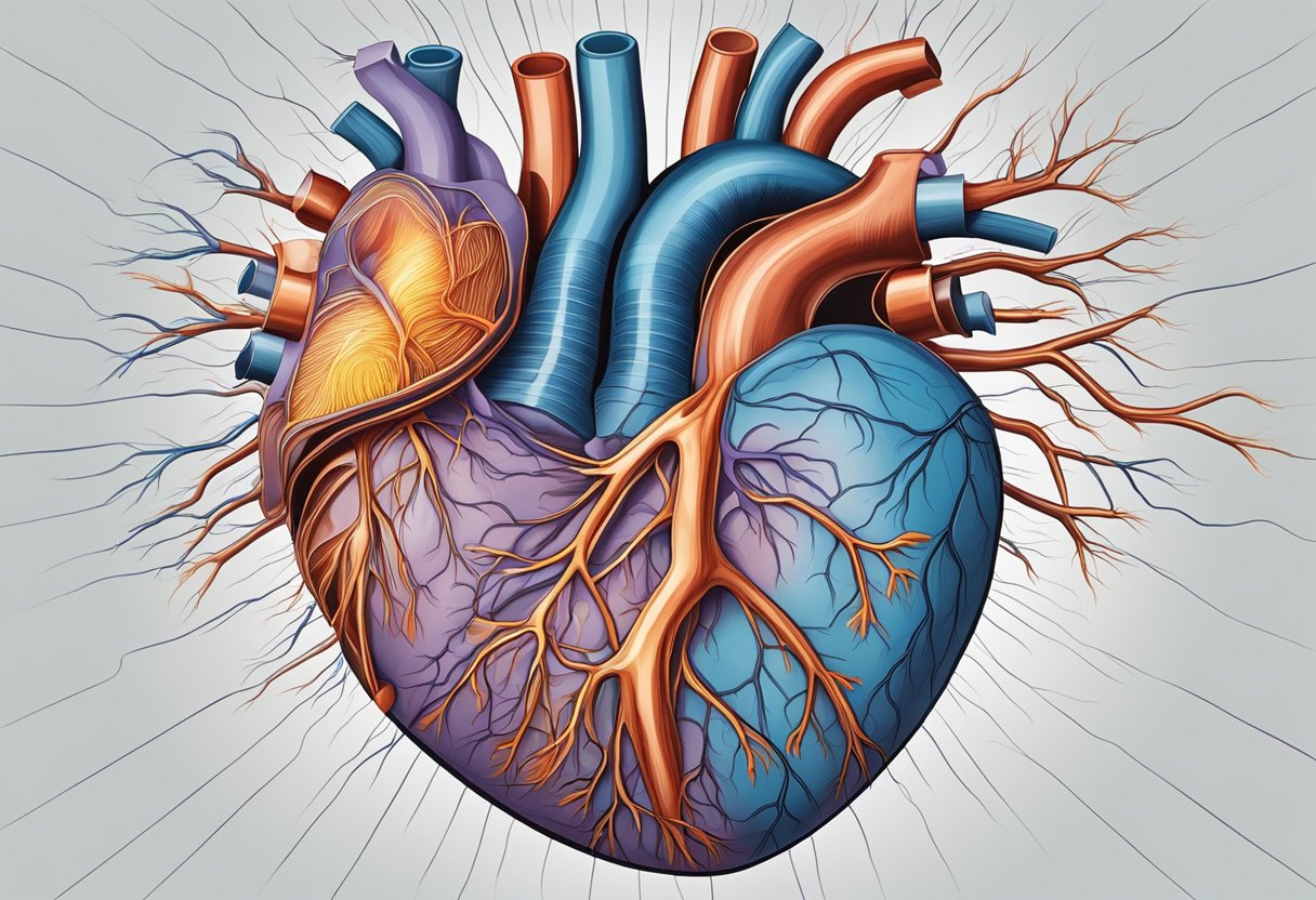A heart pulsates rapidly, with veins and arteries visibly pumping