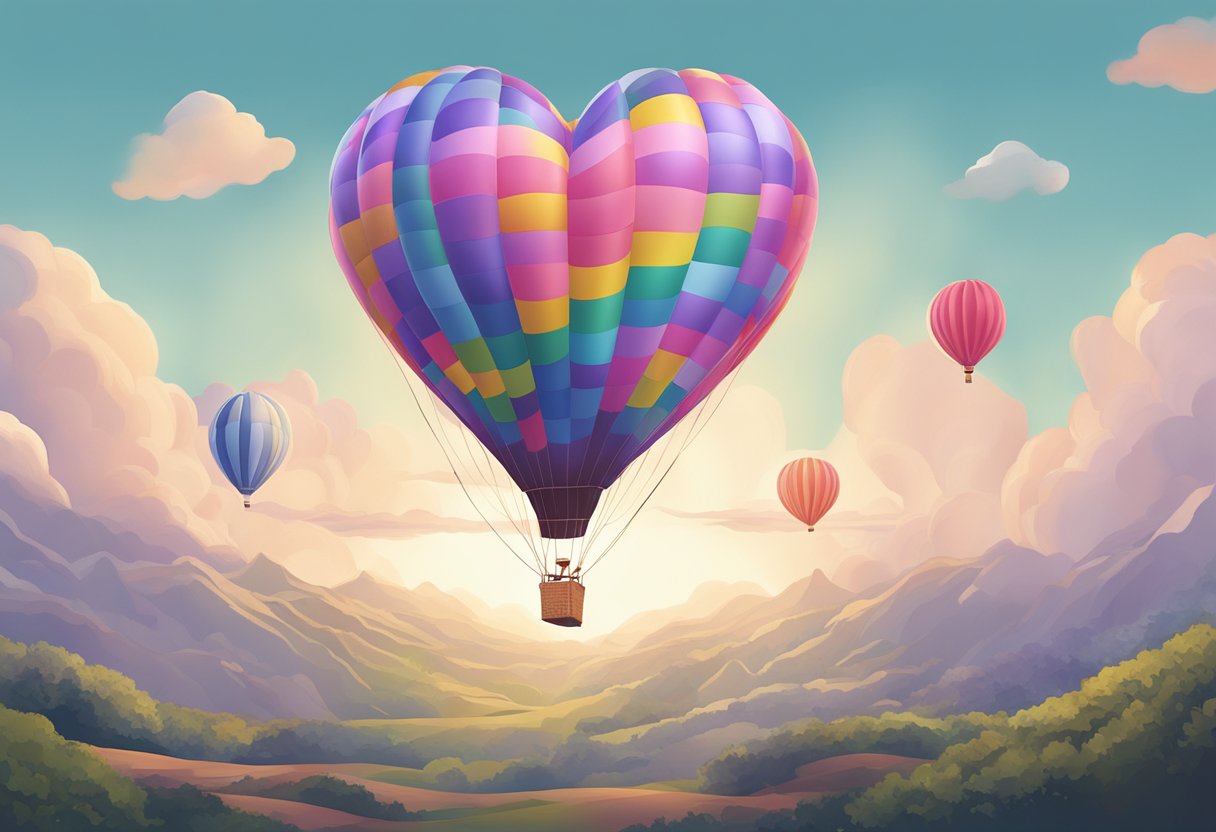 A heart-shaped balloon floats upward, pausing mid-air