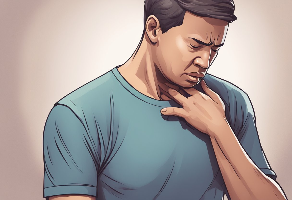 A person clutching their chest in pain, sweating, and struggling to breathe. A worried expression on their face as they recognize symptoms of heart disease