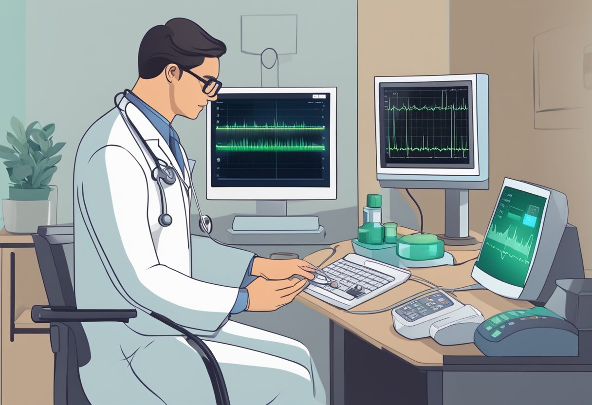 A heart monitor displays irregular rhythm, followed by a doctor adjusting medication dosage