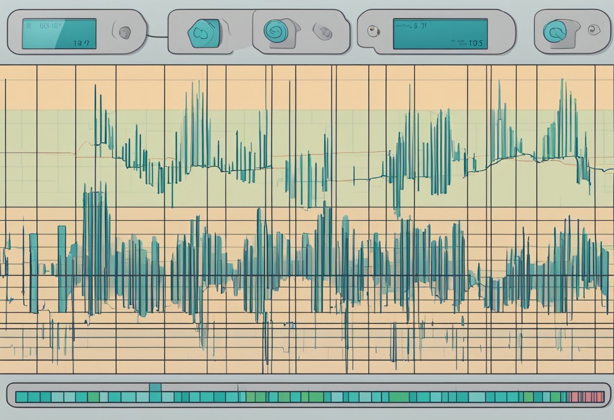 A heart rate monitor displays a steady rhythm of heartbeats per minute