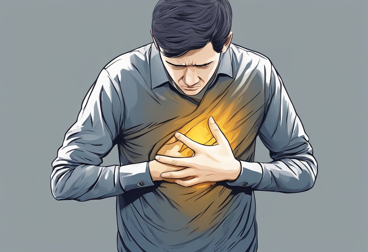 A person clutching their chest in pain, sweating profusely, feeling shortness of breath, experiencing nausea, and having a sense of impending doom