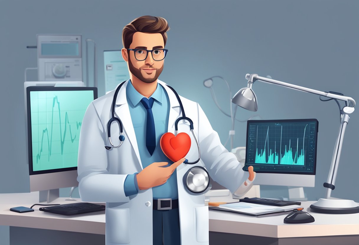 A doctor in a lab coat holds a stethoscope to a beating heart on a medical monitor, with a clipboard and heart screening equipment nearby