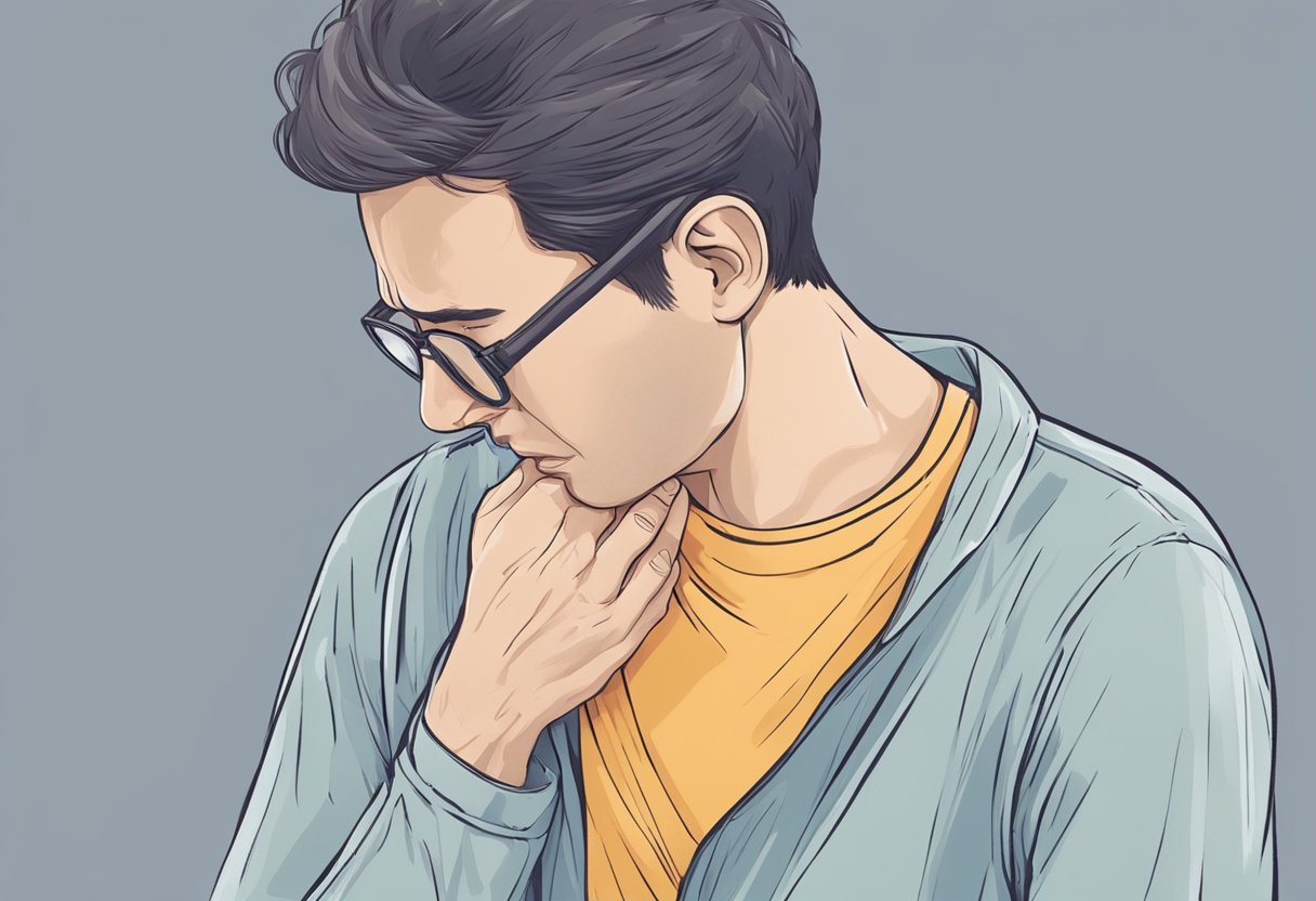 A person clutching their chest in pain, sweating, and struggling to breathe, while experiencing discomfort in the upper body and feeling lightheaded