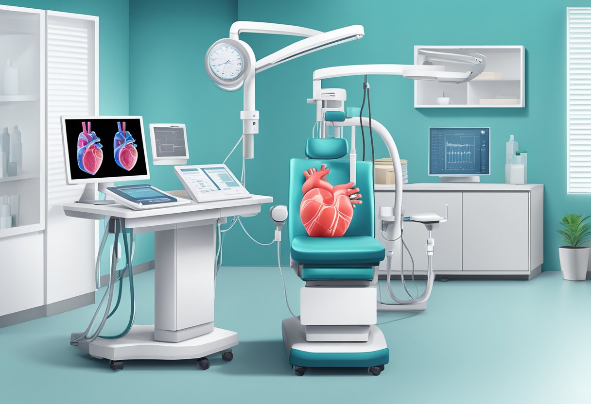 A heart screening package displayed with medical equipment and pamphlets in a modern clinic setting