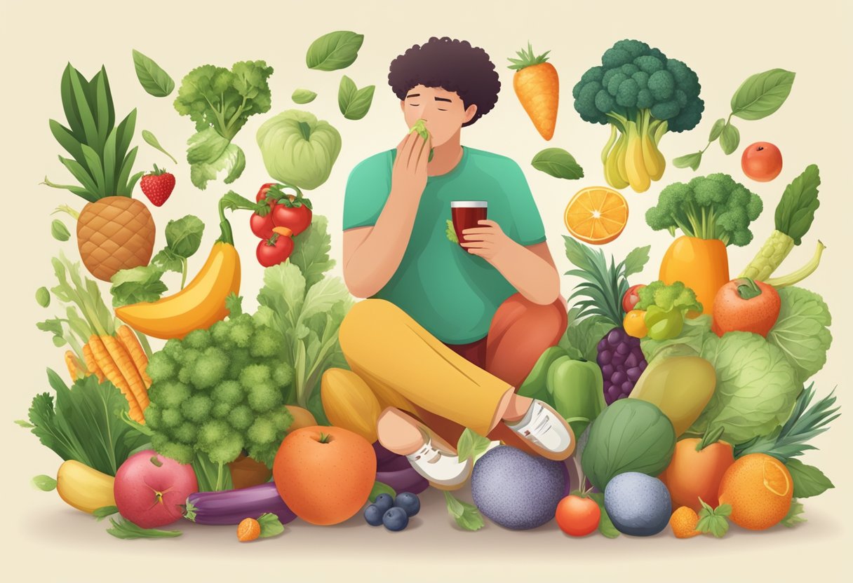 A person exercising outdoors, eating fruits and vegetables, and avoiding smoking and excessive alcohol to prevent heart attack