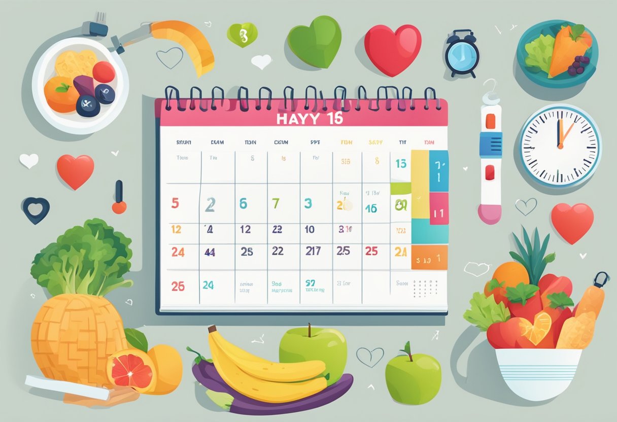 A calendar with heart symbols marking each day, healthy food, exercise equipment, stress relief items, and a heart rate monitor