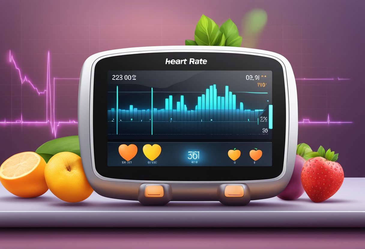 A heart rate monitor displays a steady rhythm of beats per minute, with a background of healthy lifestyle symbols such as fruits, vegetables, and exercise equipment