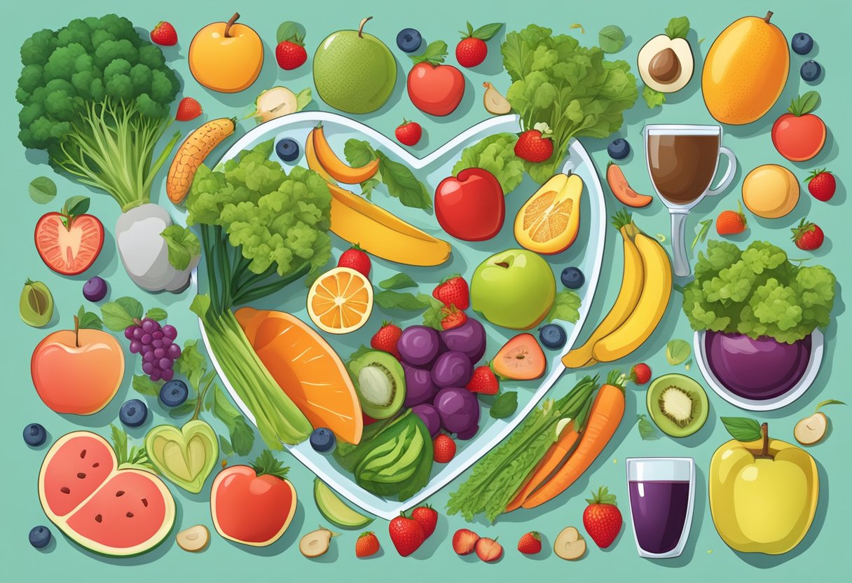 A heart surrounded by healthy lifestyle symbols like fruits, vegetables, exercise equipment, and a balanced diet plate