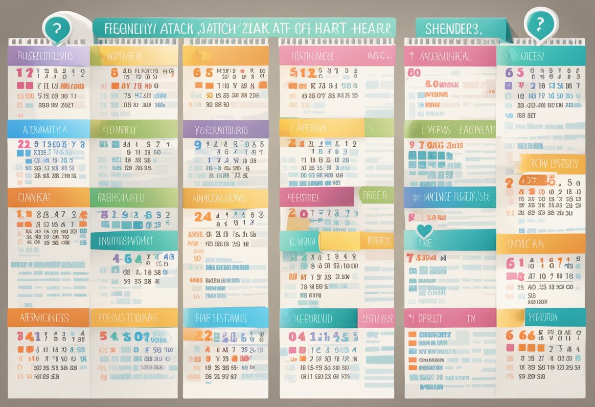 A calendar with "Frequently Asked Questions" and "6 signs of heart attack" marked a month before