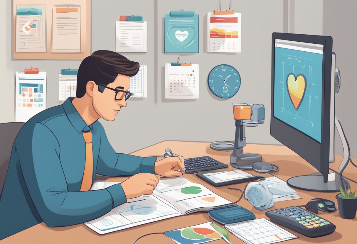 A person sits at a desk, reviewing heart screening pamphlets. A heart monitor and blood pressure cuff are on the table. A calendar with the date of the screening circled hangs on the wall