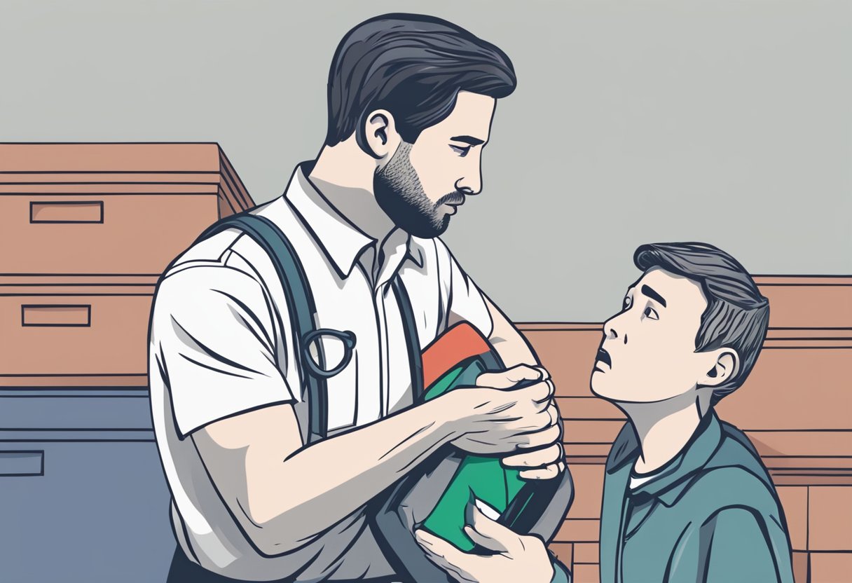 A person clutching their chest in pain, while another person calls for help and fetches an AED