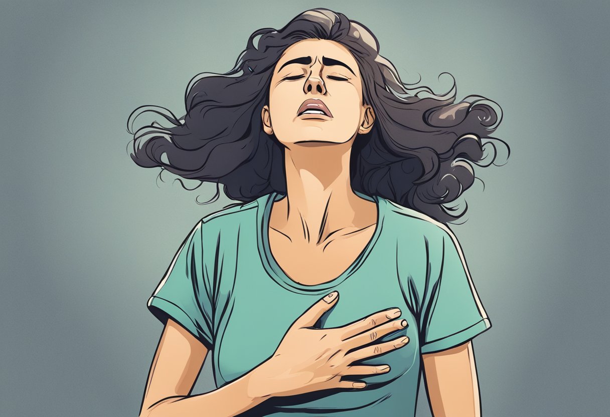 A woman clutches her chest, grimacing in pain, while sweating and feeling nauseous