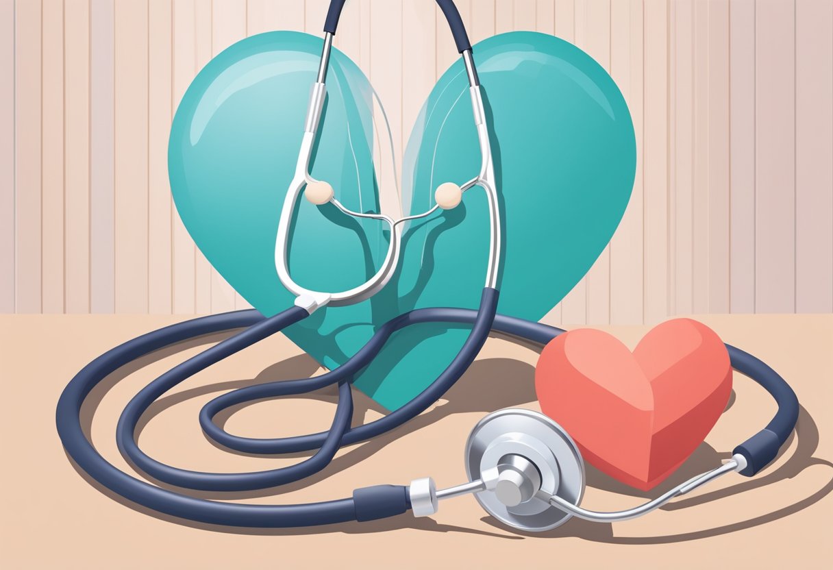 A stethoscope rests on a table next to a heart-shaped model, with sound waves emanating from it