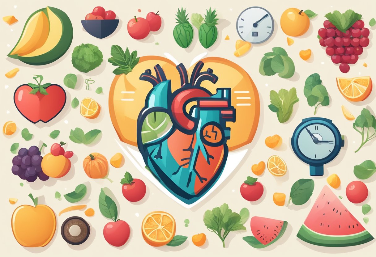 A heart with a shield around it, surrounded by symbols of healthy lifestyle choices like fruits, vegetables, exercise equipment, and a heart rate monitor