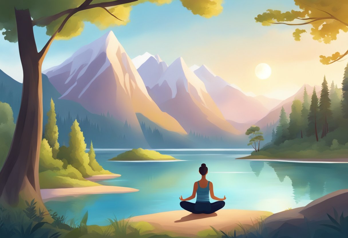 A serene natural setting with a calm lake, surrounded by trees and mountains. A figure is practicing yoga or meditation near the water