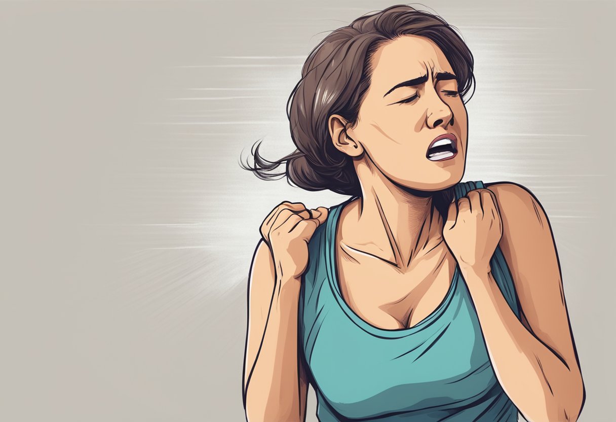 A woman clutches her chest, grimacing in pain, while sweating and struggling to breathe