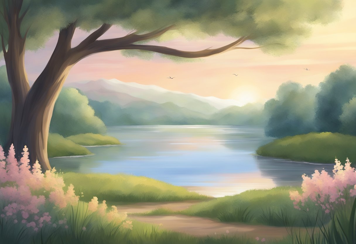 A calm, serene setting with a peaceful atmosphere. Perhaps a tranquil nature scene with a gentle breeze and soft, soothing colors