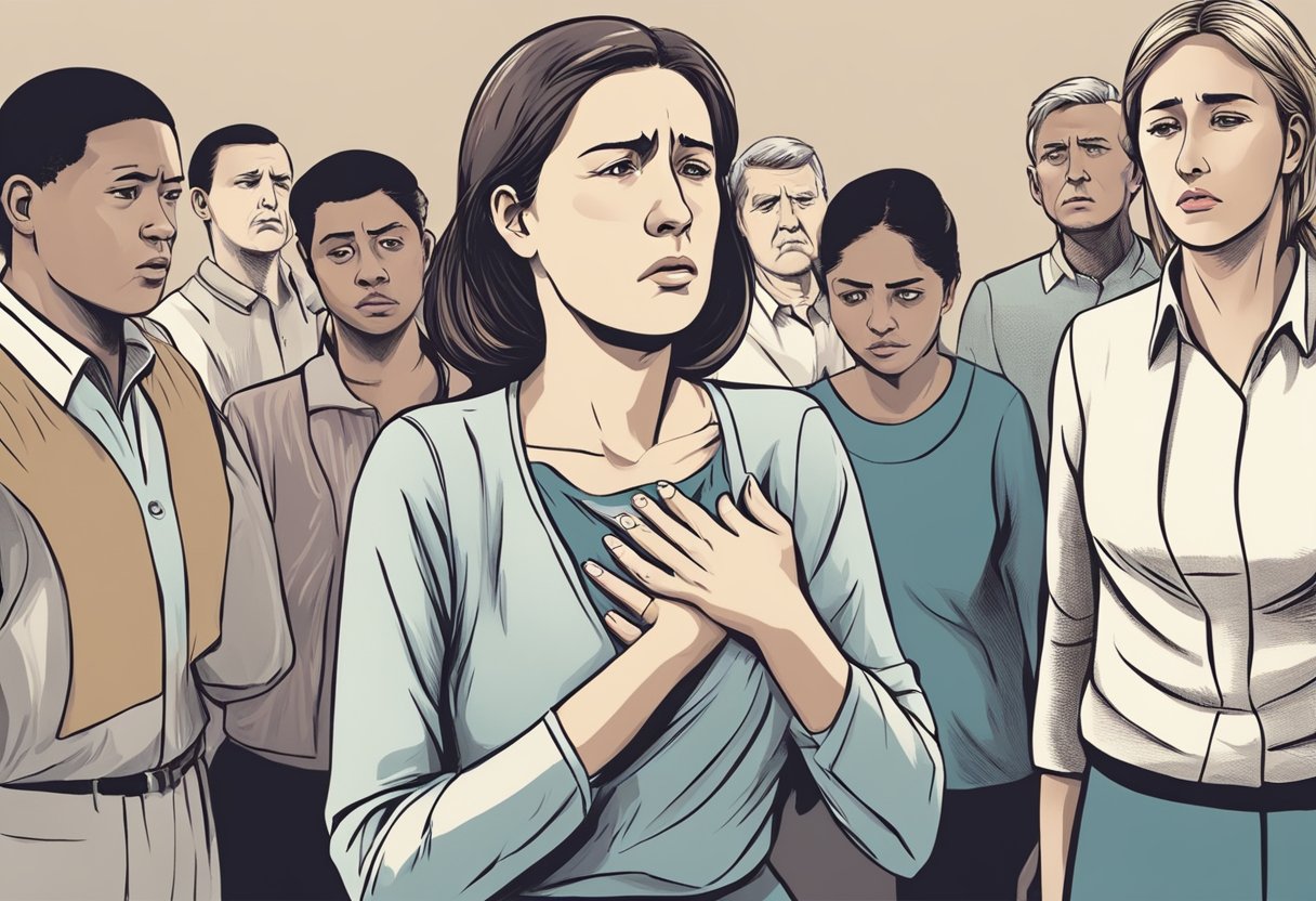 A woman clutching her chest in pain, with a worried expression on her face, while others around her look concerned and offer assistance