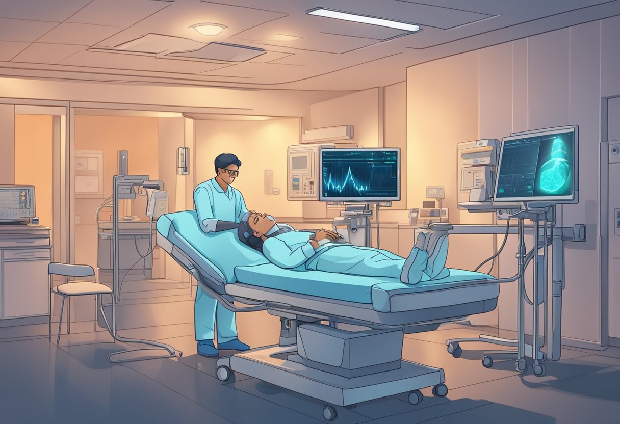 A technician operates an echocardiogram machine while a patient lies on a hospital bed. The room is dimly lit, with the machine emitting a soft glow