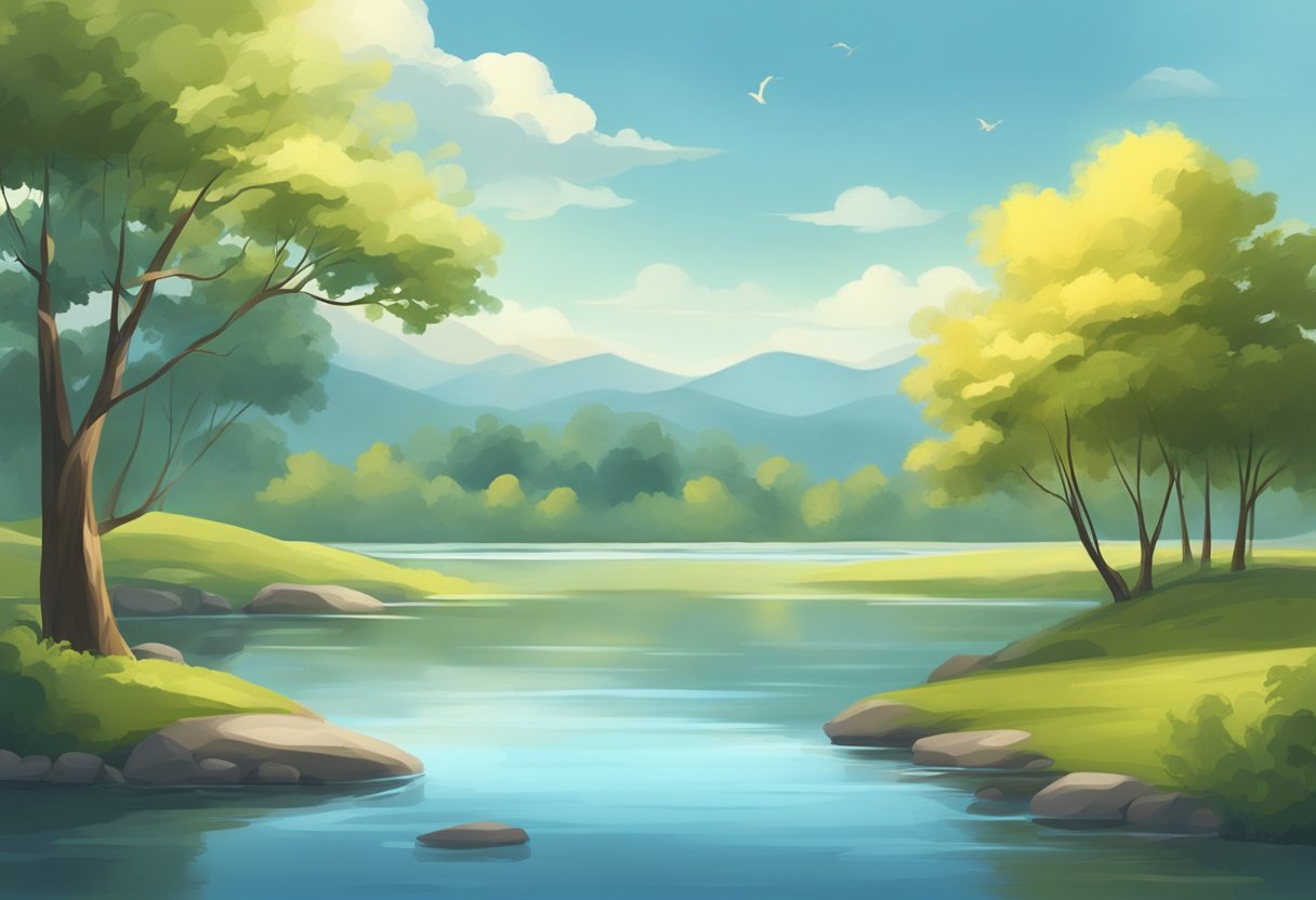 A serene setting with a calm, still environment. A peaceful scene with gentle movement, such as swaying trees or flowing water, and soft natural lighting
