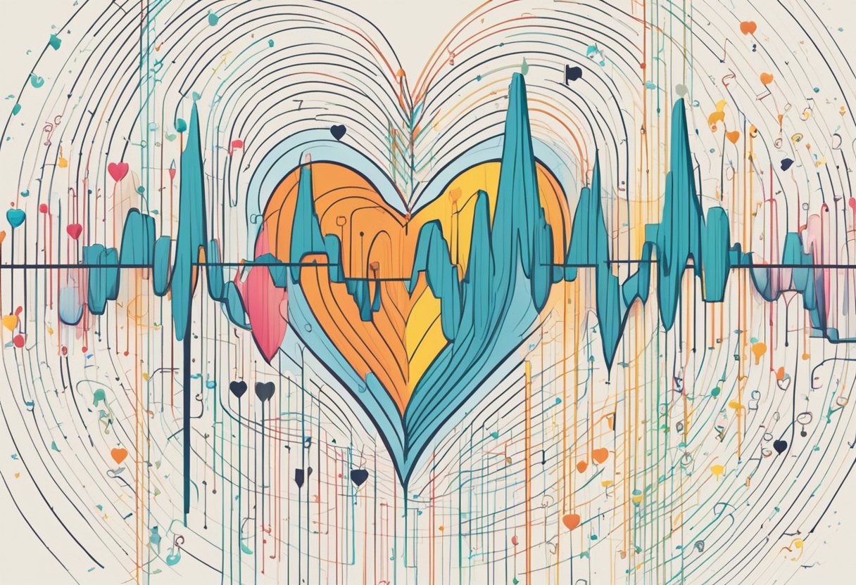 Sound waves pulse through a heart-shaped diagram, surrounded by floating question marks