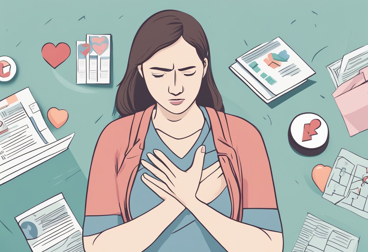A woman clutching her chest in distress, with a FAQ sign listing heart attack symptoms for women prominently displayed