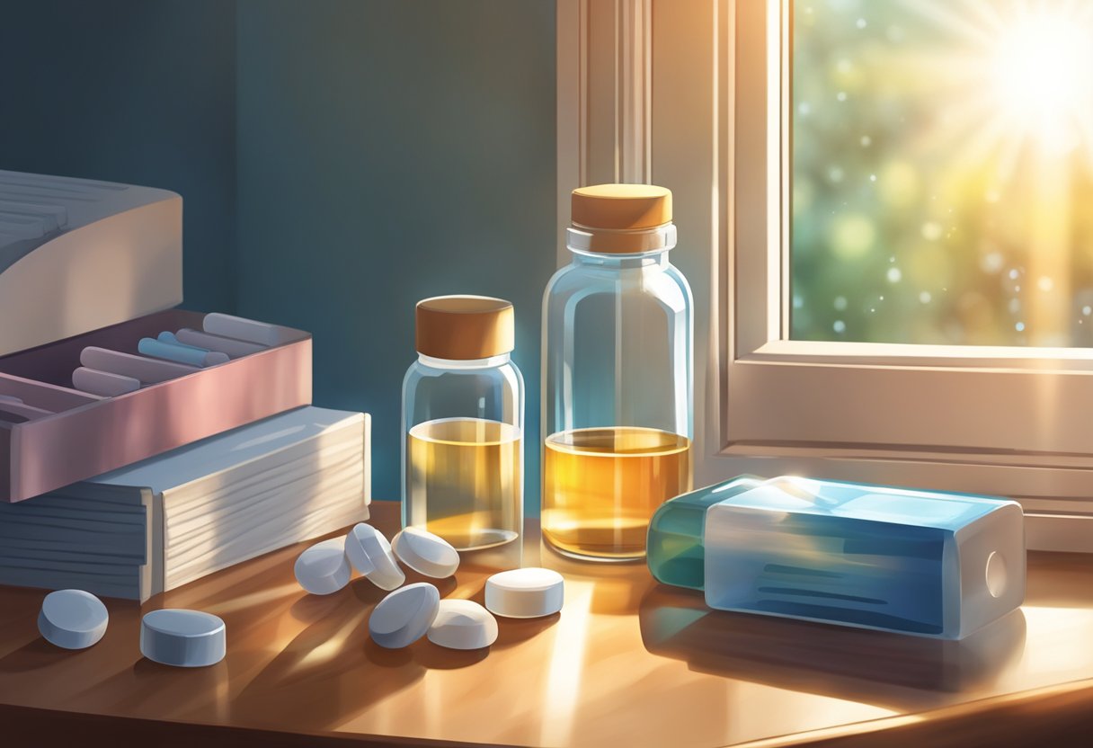 A bottle of heart medications sits on a bedside table, next to a glass of water and a pill organizer. Rays of sunlight stream through the window, casting a warm glow on the scene