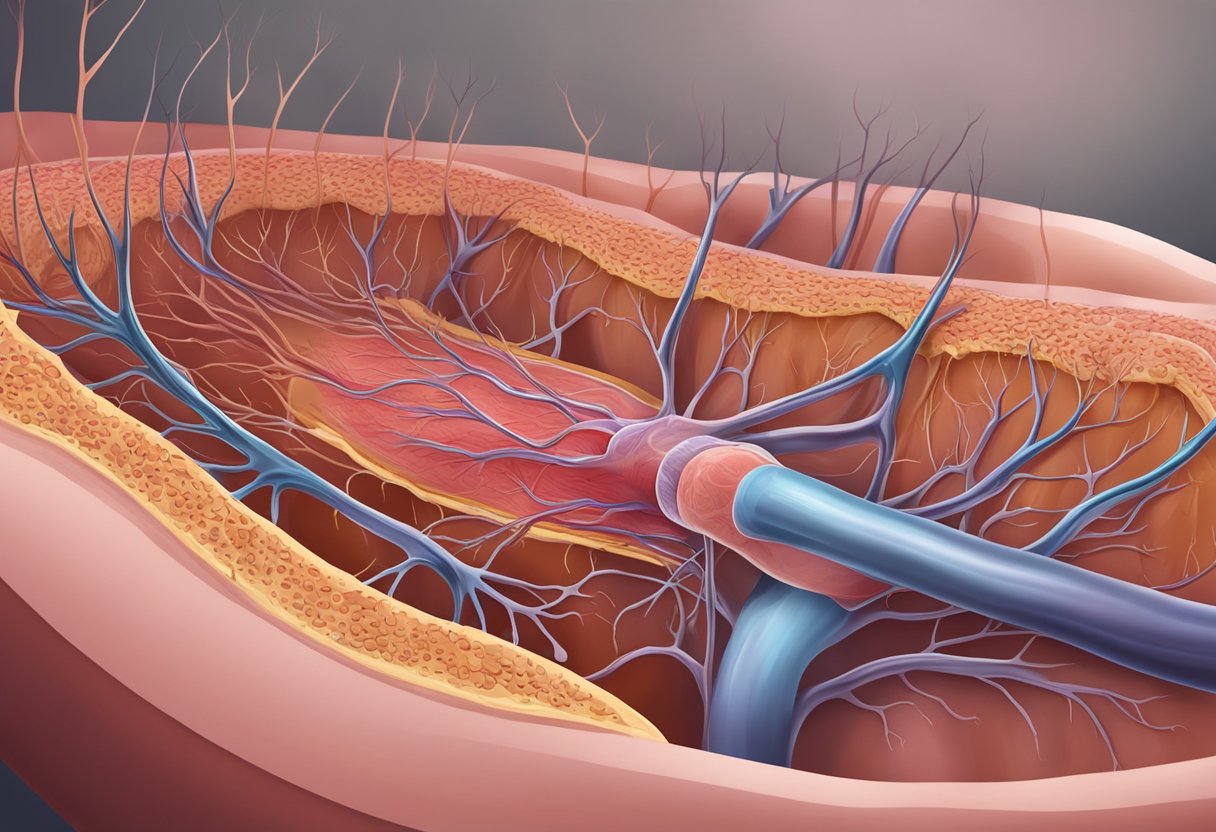 A clogged artery with plaque buildup, restricting blood flow