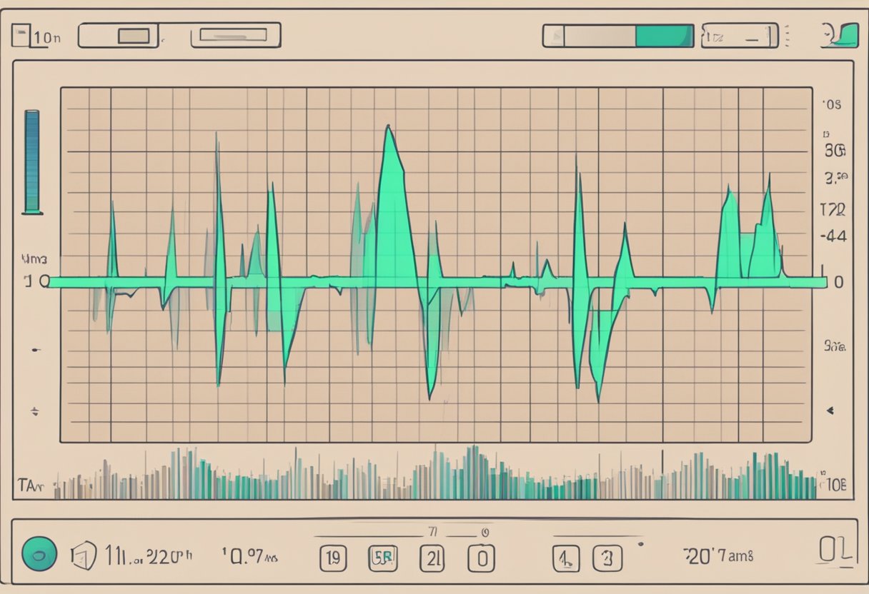 A heart rate monitor displays a steady, rhythmic pulse. The numbers on the screen show a normal heart rate