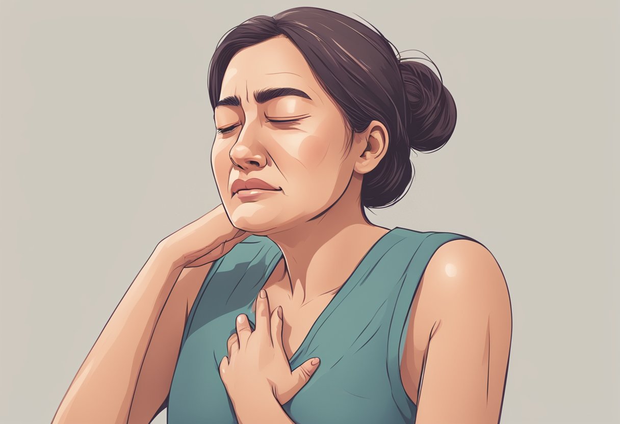 A woman clutching her chest, grimacing in pain, with a pale complexion and sweating profusely