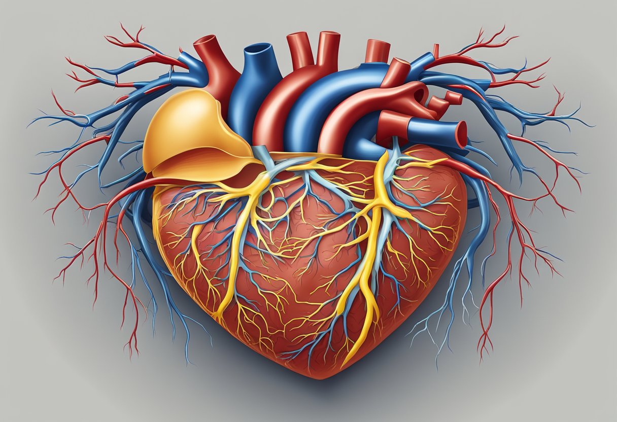 A heart with arteries clogged by plaque, causing restricted blood flow
