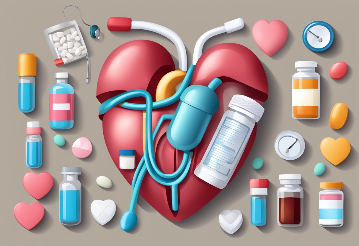 A heart-shaped pill bottle surrounded by various heart medications and a stethoscope, symbolizing the importance of understanding heart medications