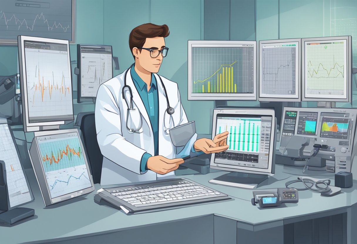 A cardiologist carefully examines an EKG monitor, surrounded by medical equipment and charts