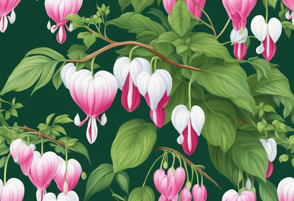 A bleeding heart plant with drooping pink and white flowers amidst lush green foliage