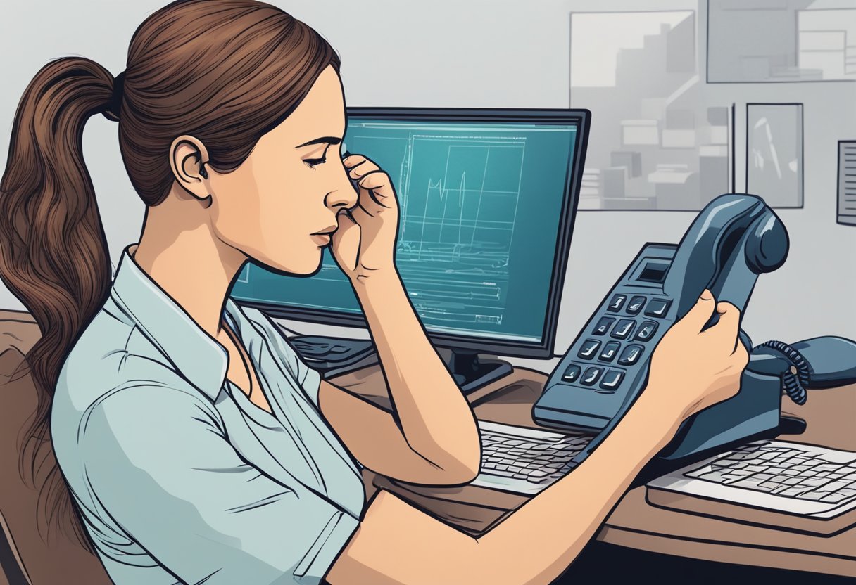 A woman experiencing chest pain and shortness of breath, reaching for a phone to call for help