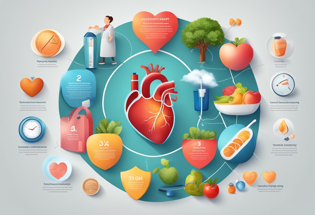 A healthy heart surrounded by protective measures like exercise, healthy diet, and regular check-ups, while being shielded from risk factors like smoking and sedentary lifestyle